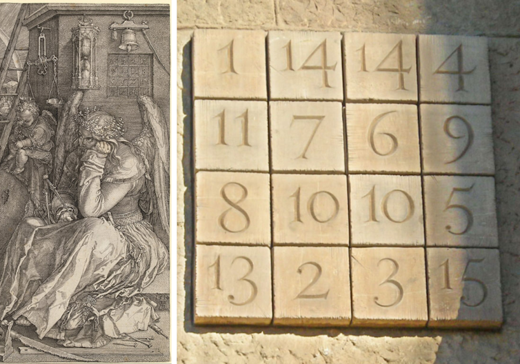 A montage of Melancholia I by Albrecht Dürer, showing a numerical grid in the top right-hand corner, and the real-life magic square designed by the sculptor Josep Maria Subirachs.