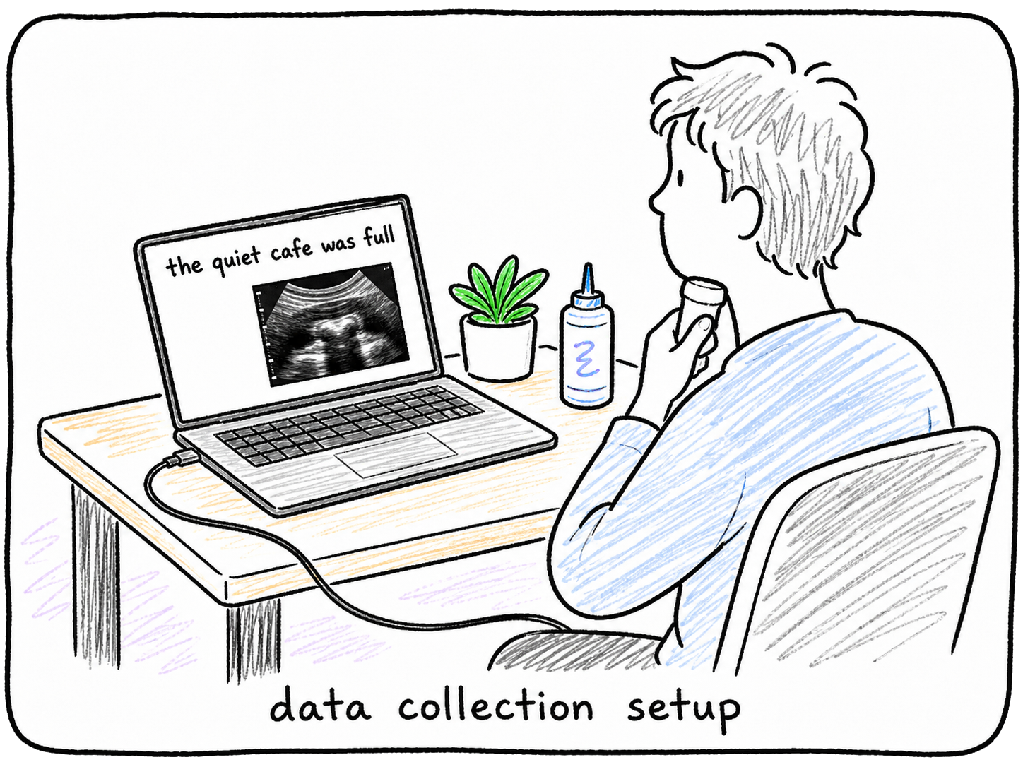 Data collection setup: a person seated at a desk reading a prompt off a laptop while holding an ultrasound probe under the chin, with ultrasound gel on the table