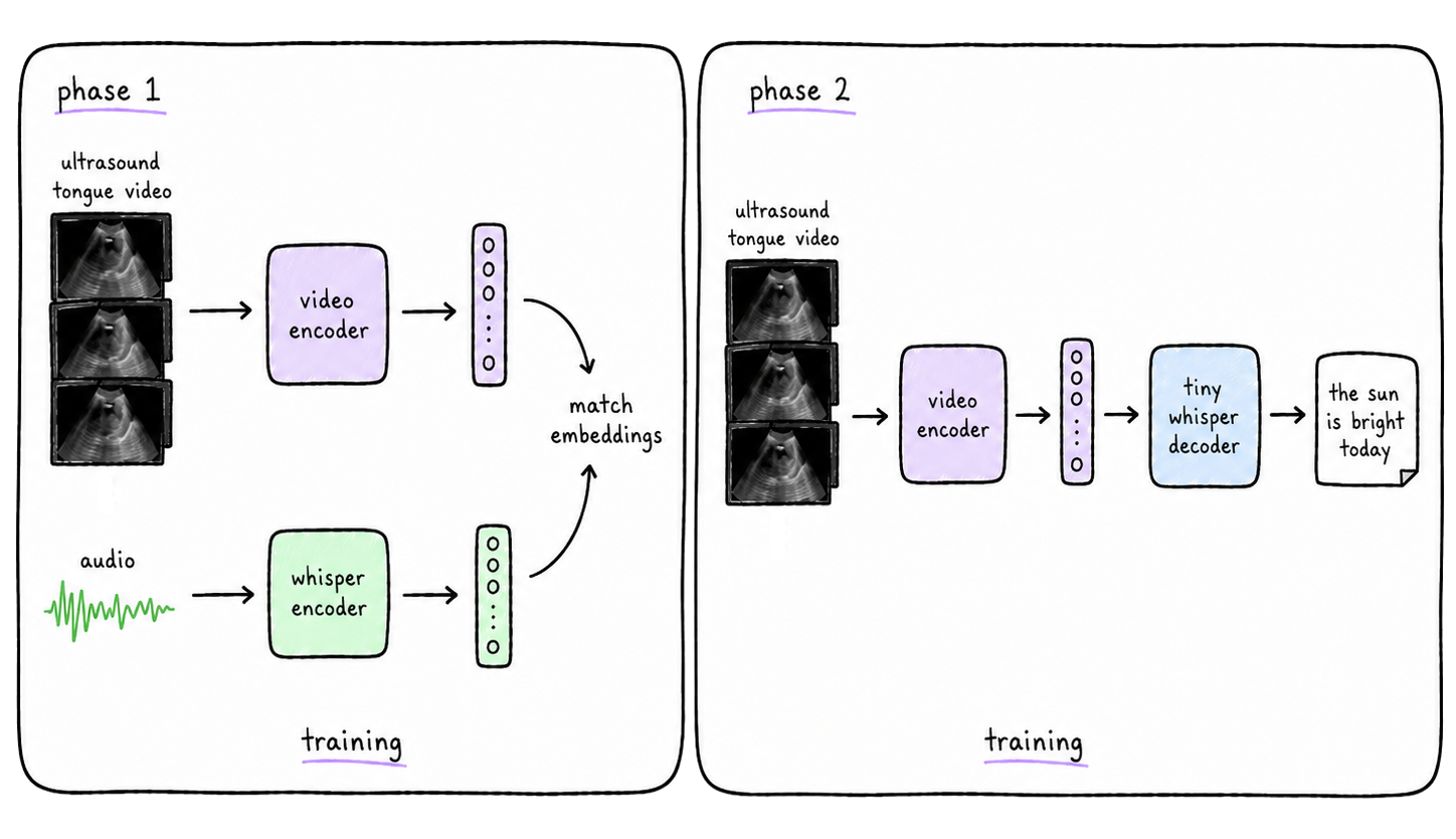 Two-phase training: phase 1 matches ultrasound-video and audio embeddings; phase 2 decodes the video embeddings to text with a tiny Whisper decoder