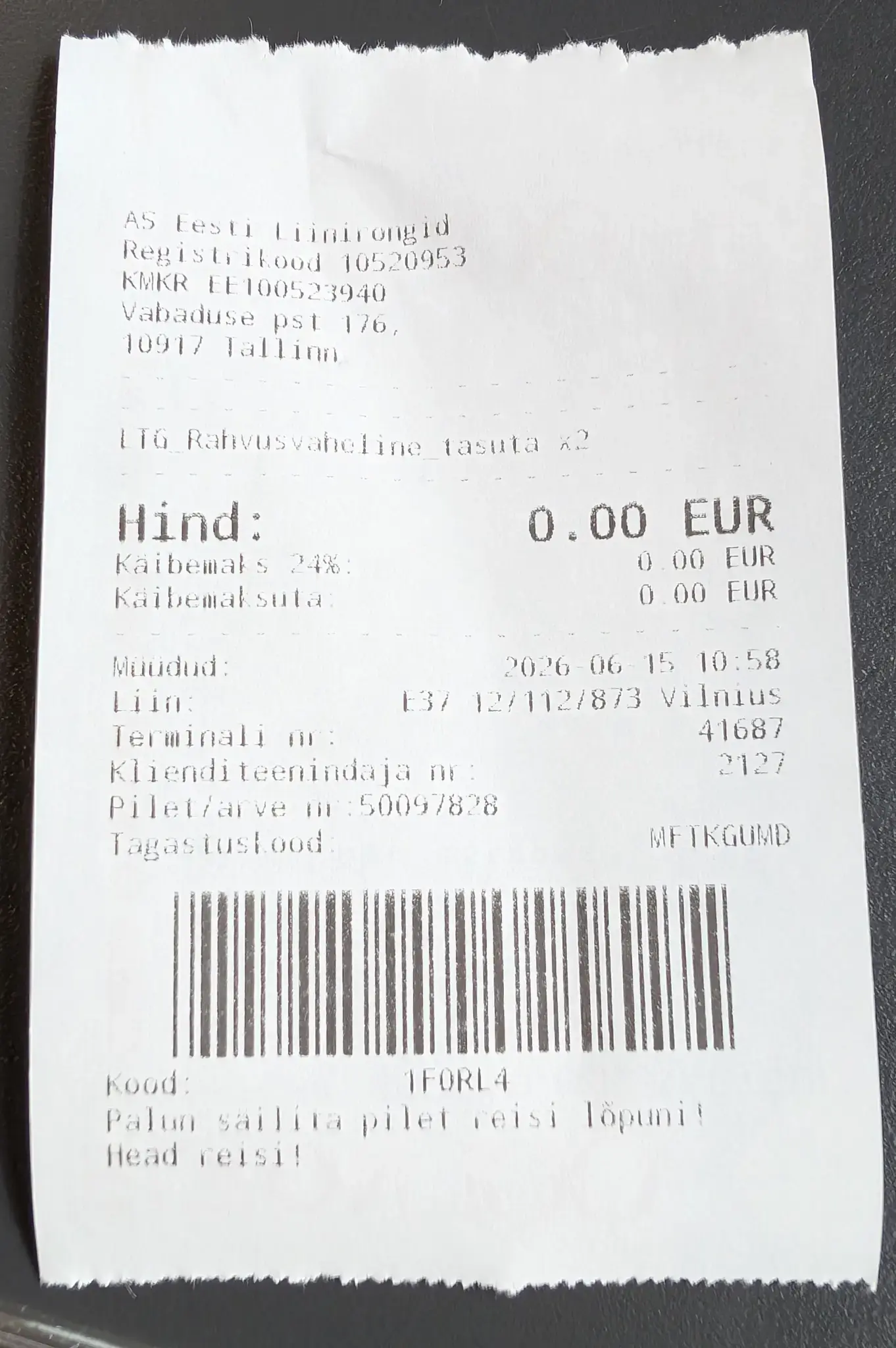 A receipt for €0.