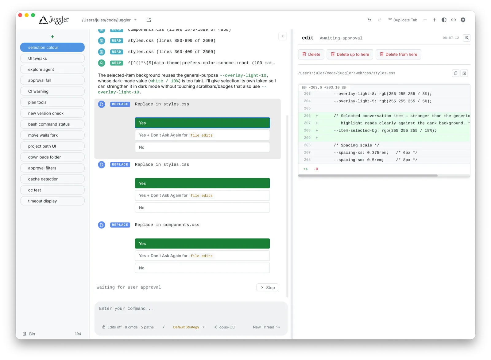Juggler's Miller-column workbench: tool calls, item properties and nested sub-threads