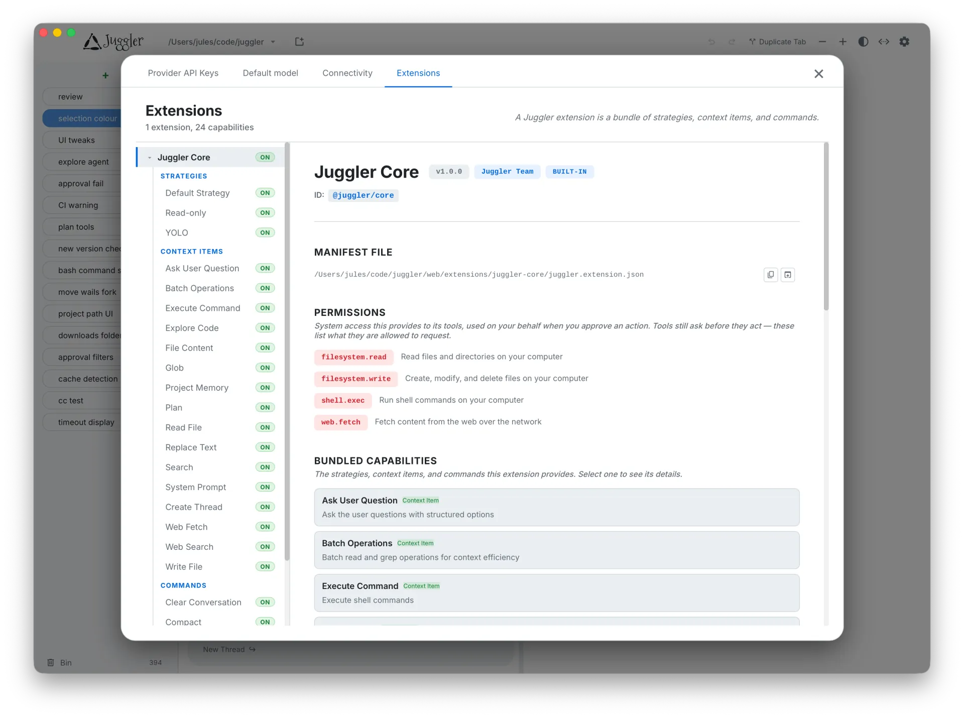 Juggler's LLM-facing tools defined as extensions