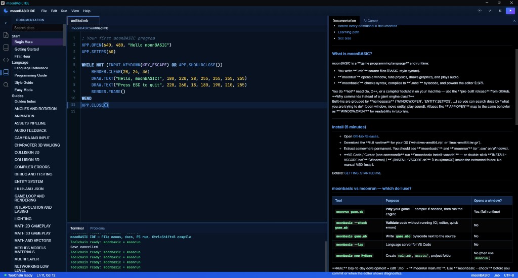 moonBASIC IDE — editor, documentation, check, compile, and run in one app
