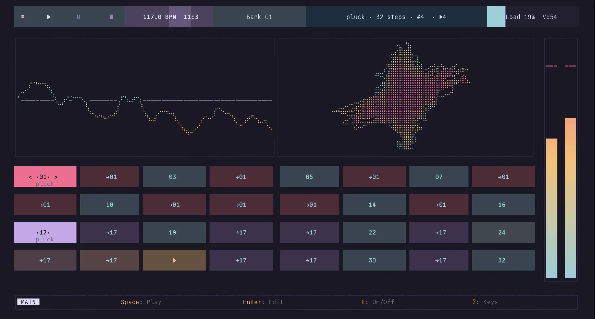 Sequencer view with a scope and spectrum visualizer, level meters and the 32-step grid