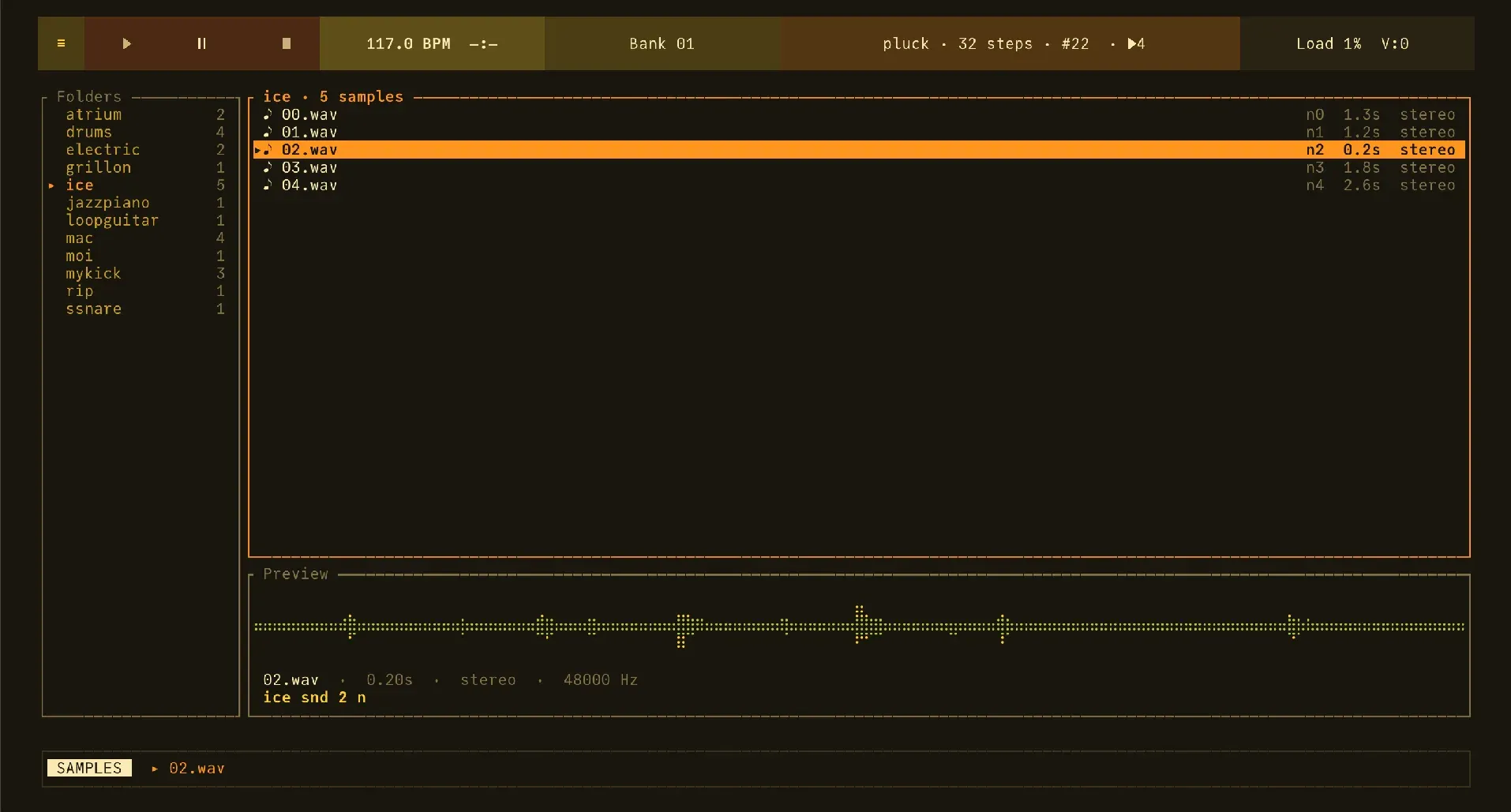 Main view with the sample browser open, showing a folder tree and a waveform preview