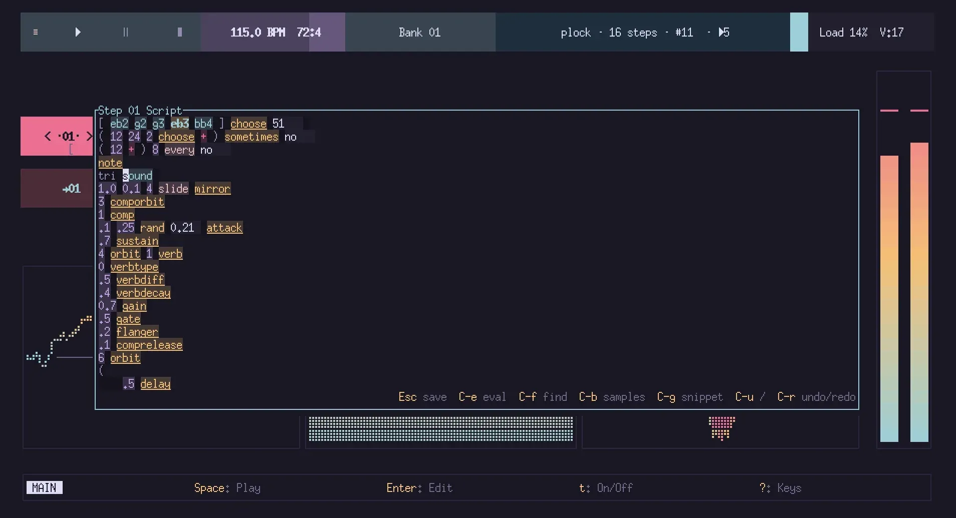 Step script editor defining a synth voice with an effects chain of reverb, flanger and delay