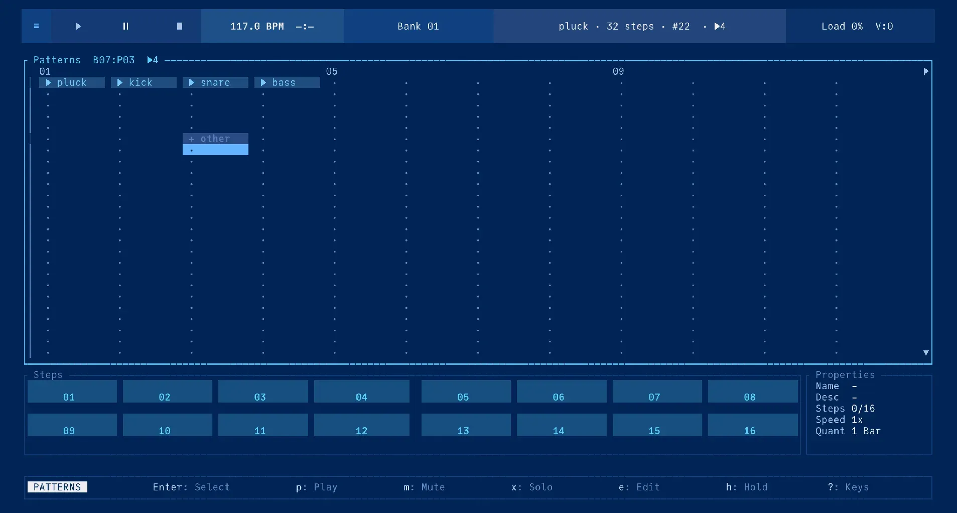 Patterns view with a bank grid, track lanes and a pattern properties panel