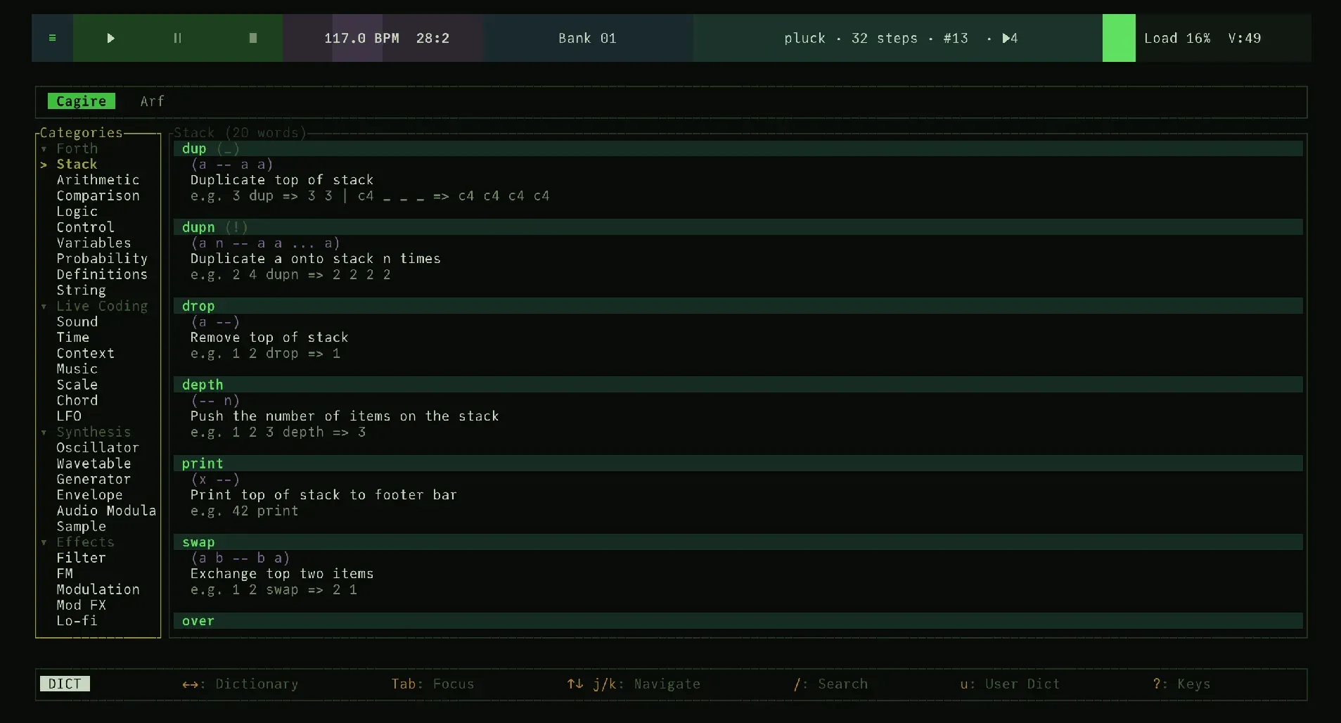 Dictionary view with a category tree beside Forth word entries and stack effects
