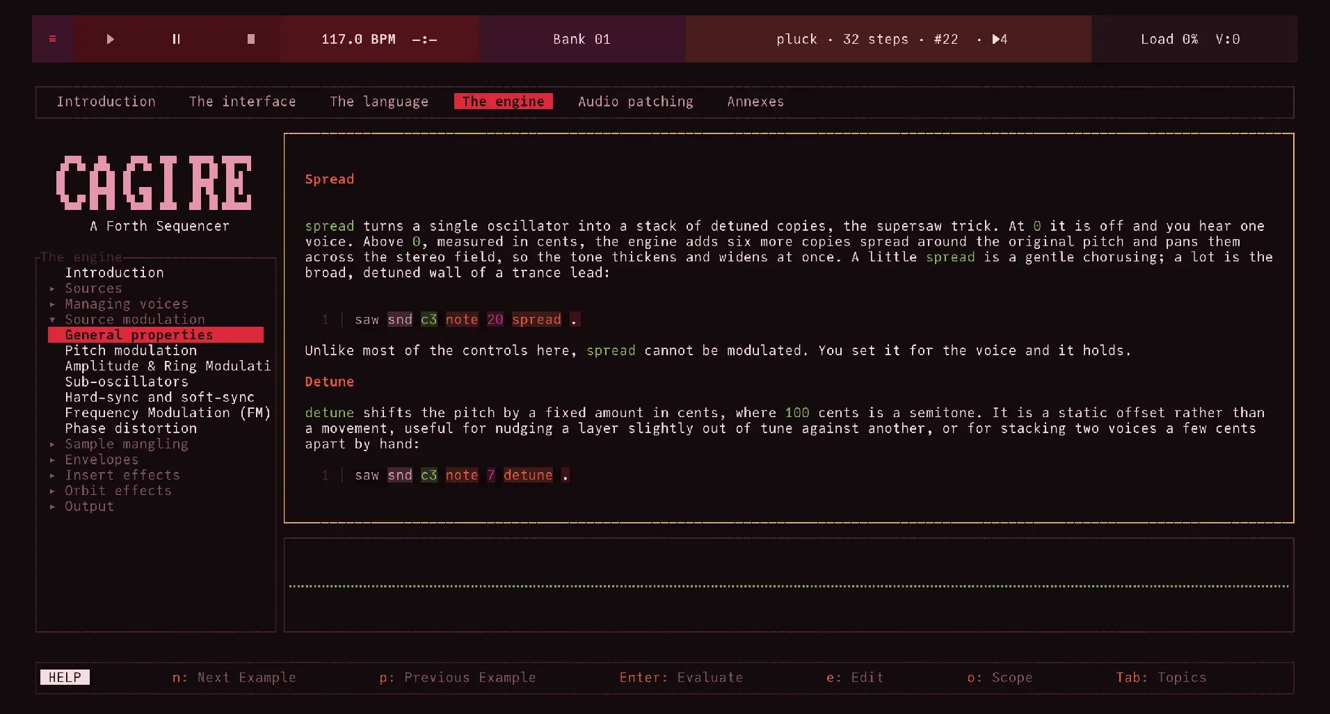 Help view showing the engine manual page on spread and detune, with prose and Forth examples