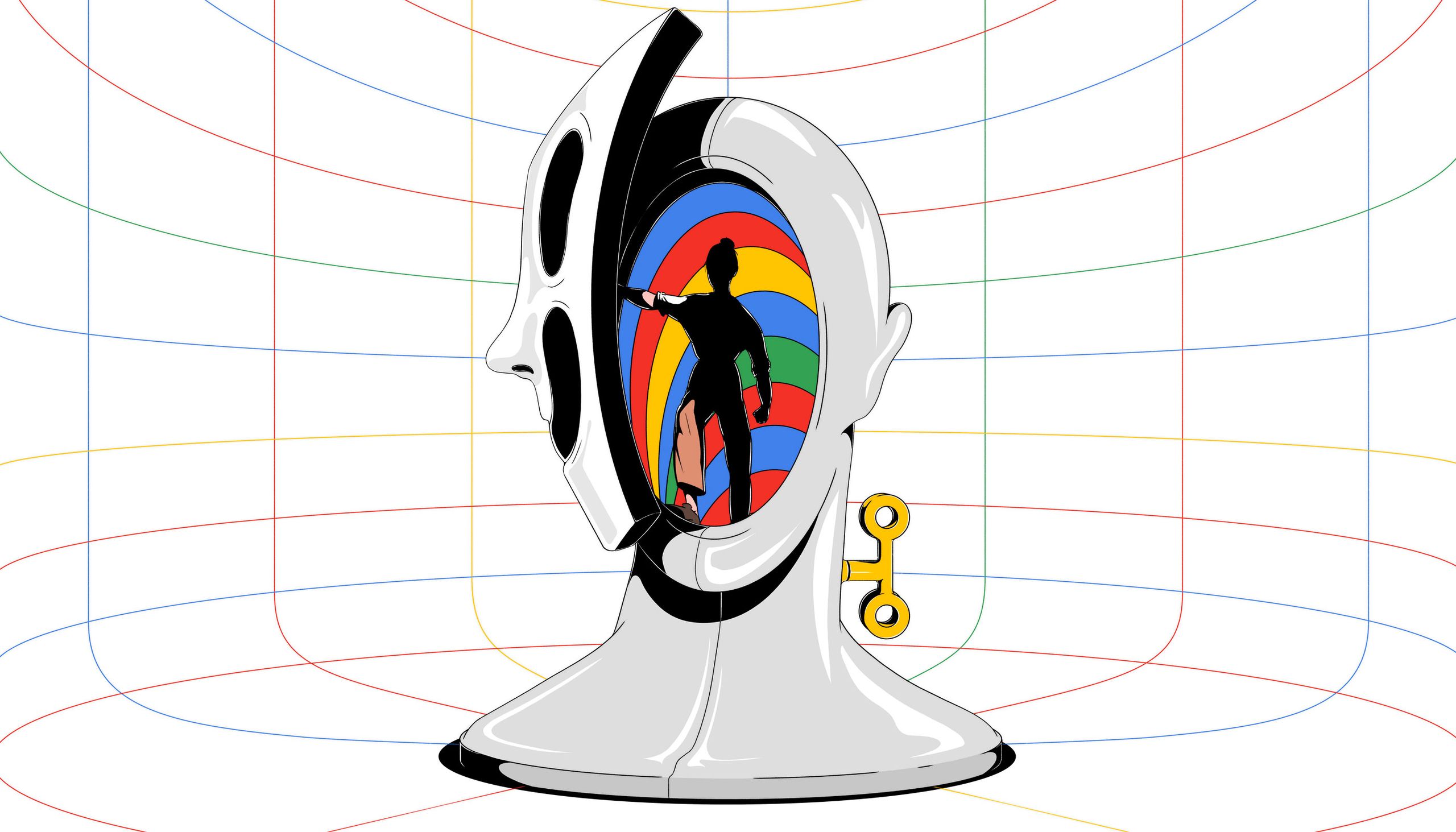 Illustation of a giant mechanical head smaller figure Google colors