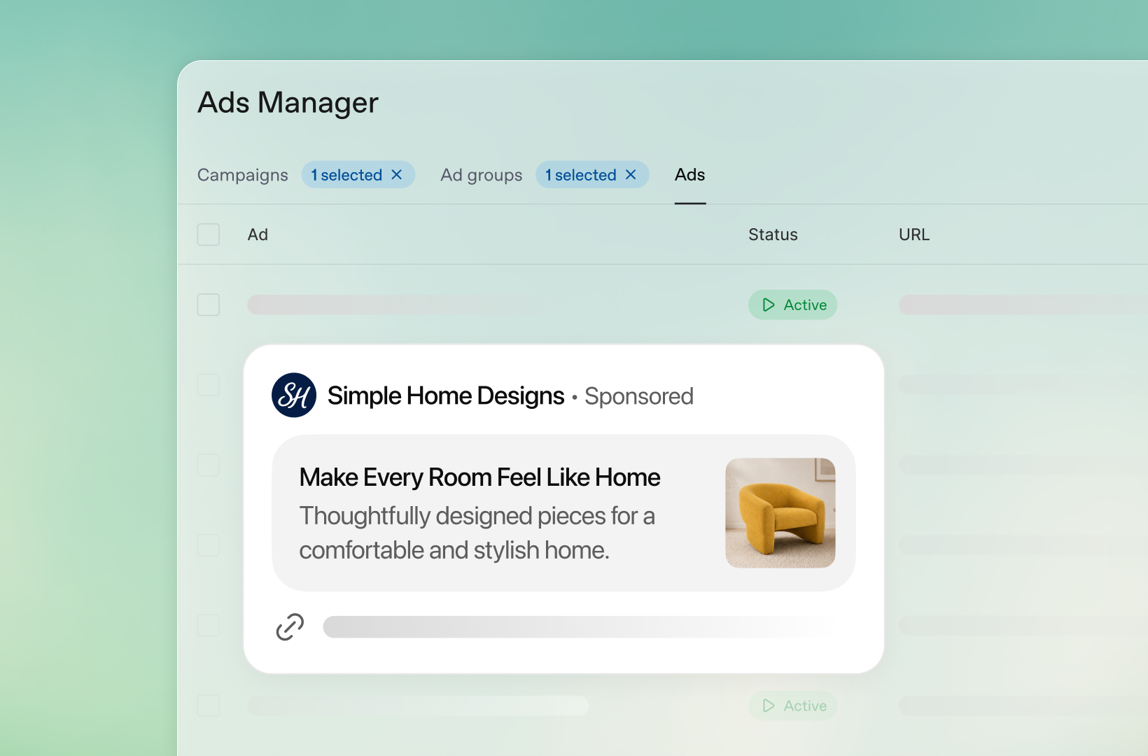 Screenshot of an Ads Manager interface displaying campaign and ad group selections alongside a preview of a sponsored home decor advertisement.