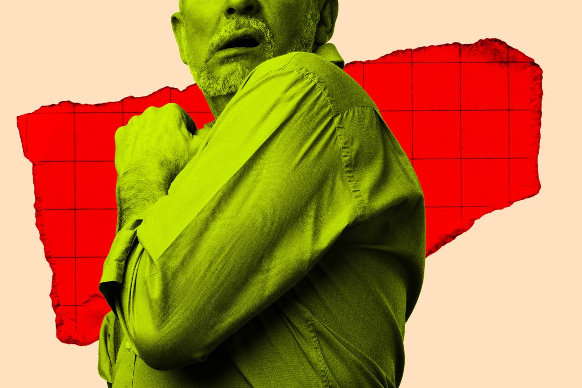 Photo illustration of a businessman turning away with his arms up in a gesture of defensiveness.