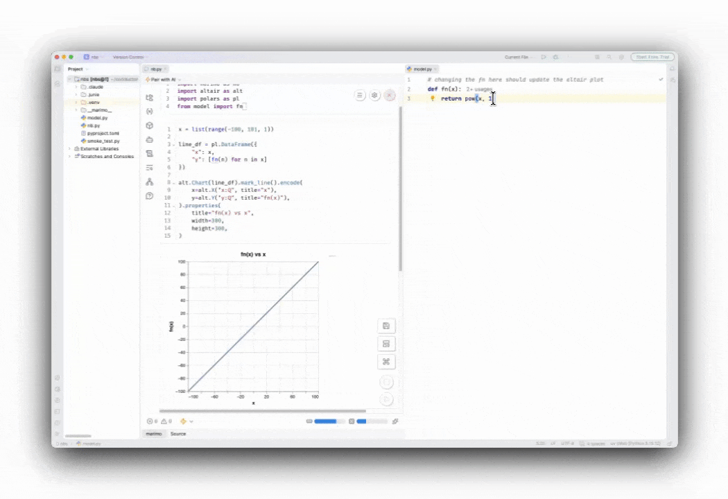 Editing a Python module in PyCharm automatically updates the imported function's plot in a marimo notebook