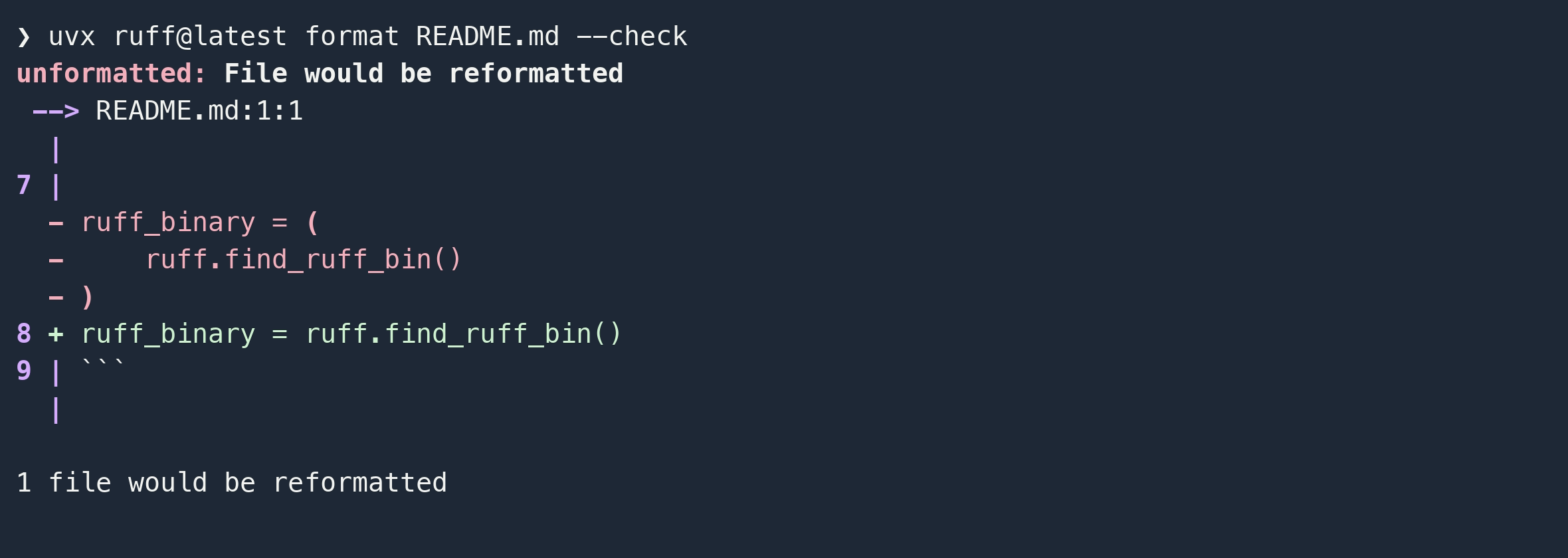 Ruff formatter output showing a Markdown code block that would be reformatted