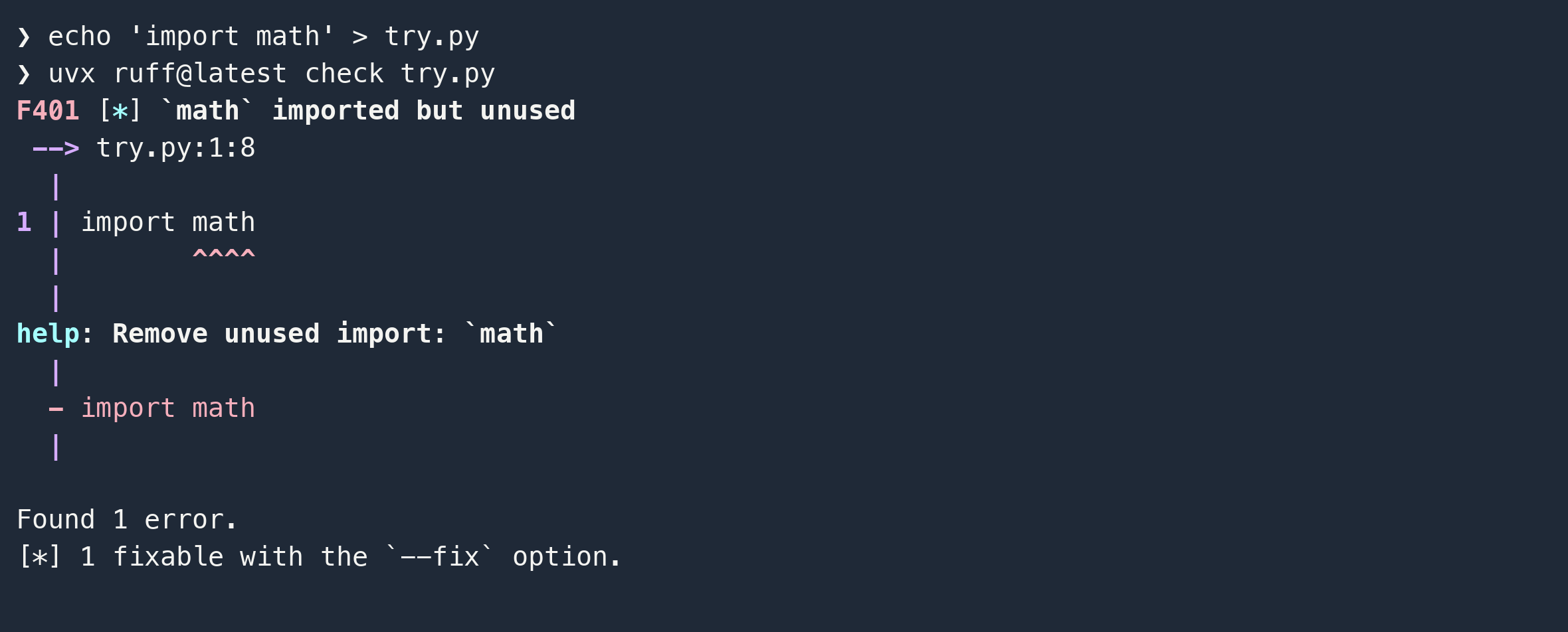 Ruff check output showing the diff for an unused-import fix