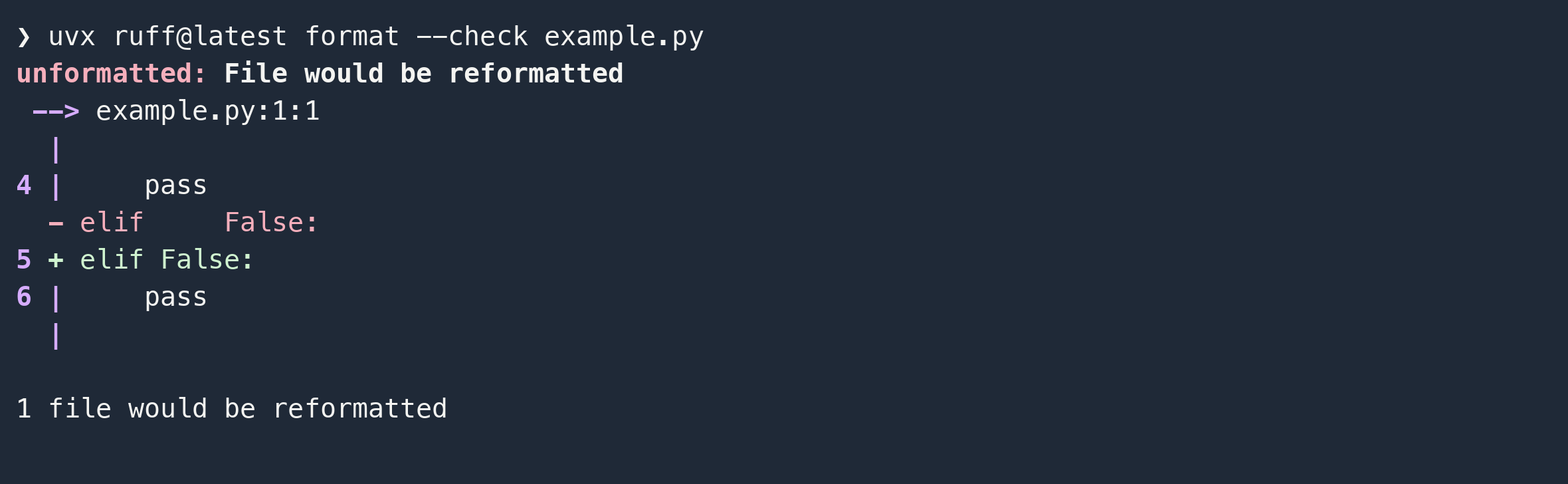 Ruff formatter output showing the diff for an unformatted file