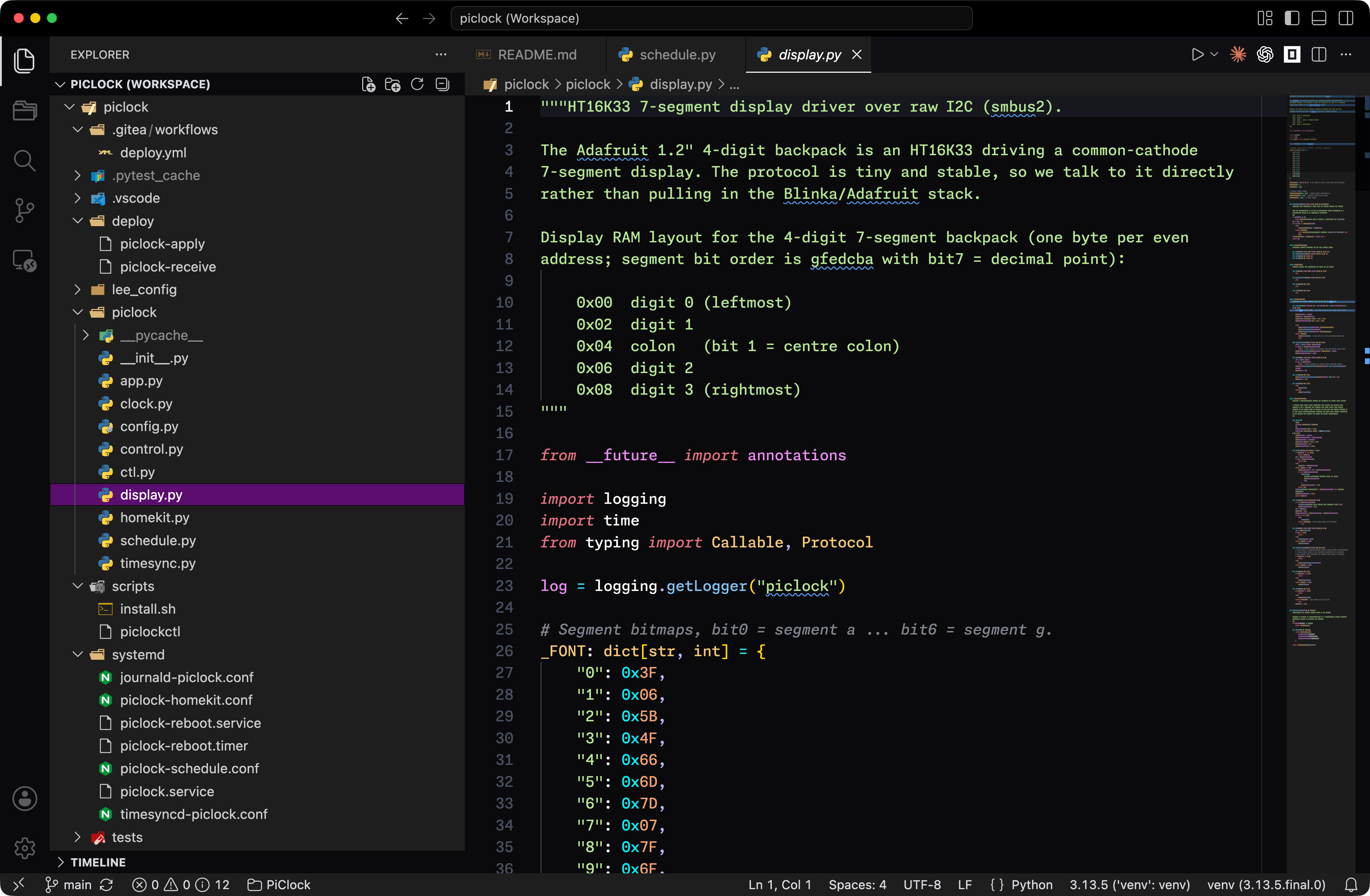 Screenshot of VSCode showing Lee's "PiClock" project