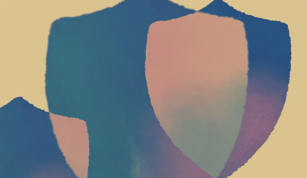 Abstract illustration of three overlapping shield shapes in blue, pink, and purple tones on a beige background.