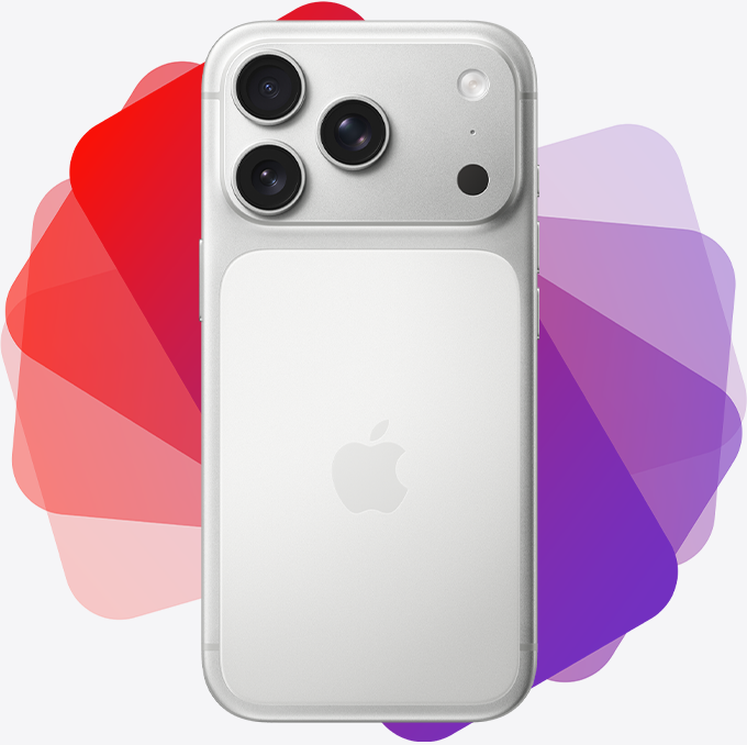 iPhone 17 Pro, back exterior, iPhone silhouette fans out from behind into spectrum of purple and red colors