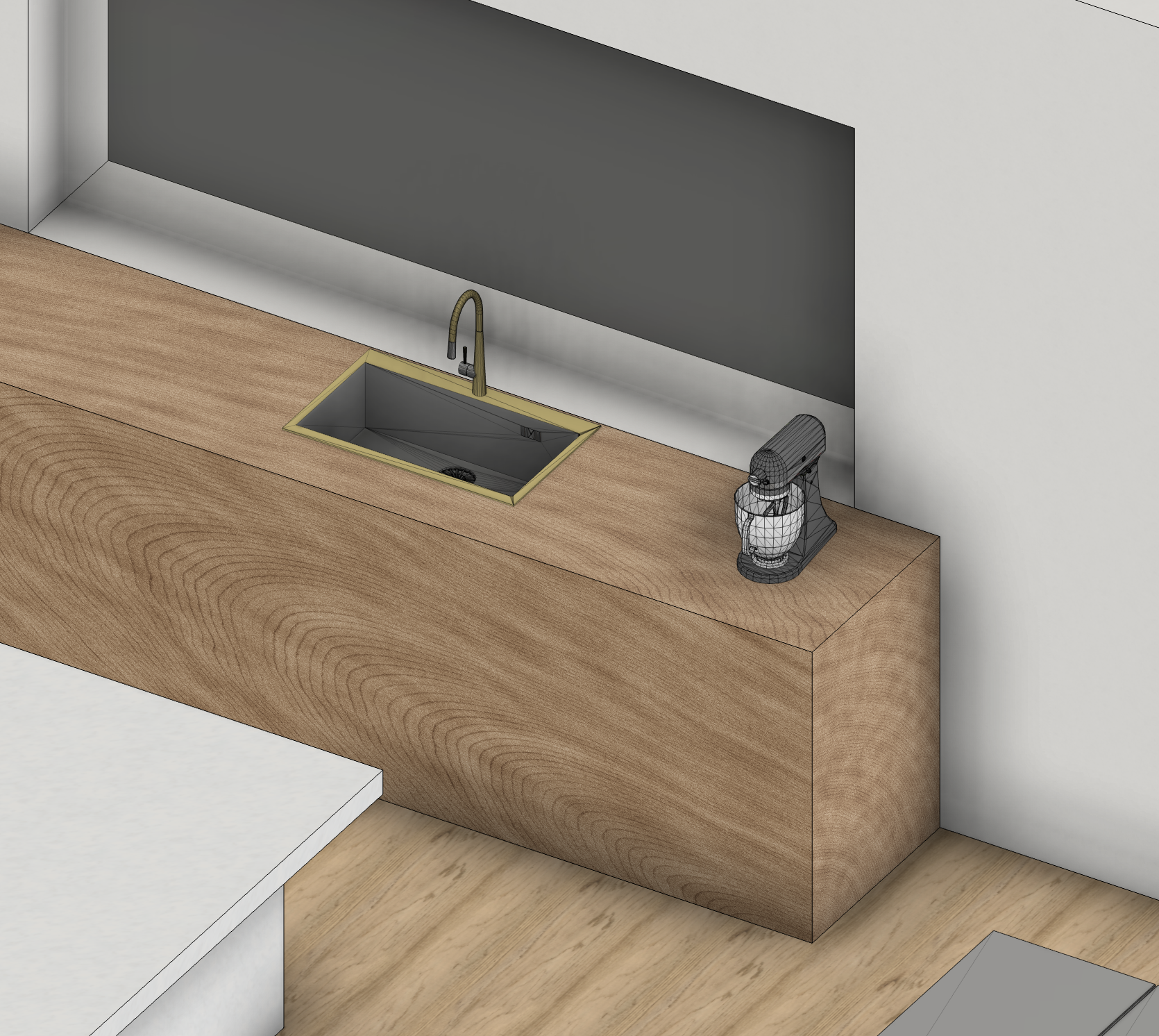 A stand mixer and a sink in the 3D model