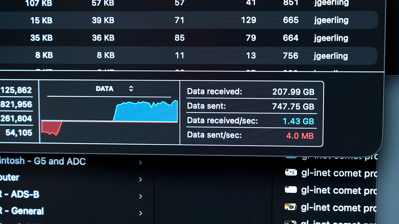 Activity Monitor showing 1.43 GB/sec on macOS with 25G NIC