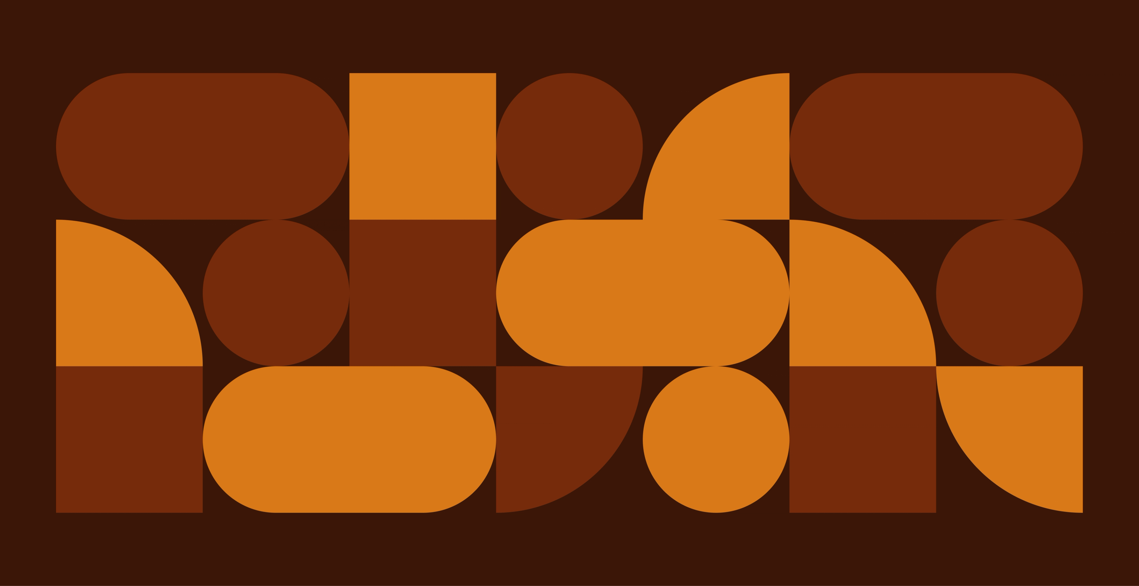 Dark orange and light orange shapes—ovals, squares, circles, quarter-circles—against a very dark brown/orange background.