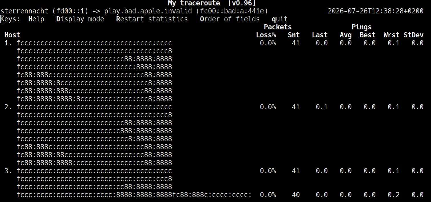 Screenshot showing a traceroute output. Three hops can be seen and each hop shows eight different IPv6 addresses. One can imagine that there was some intent to paint a kind of picture with the patterns of the numbers in the addresses, but it's completely torn apart by the display.