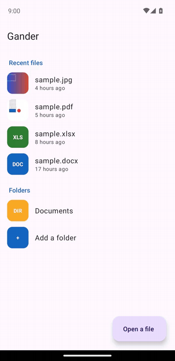Gander demo: thumbnail recents, folder browsing, PDF, Word, Excel and Markdown viewing