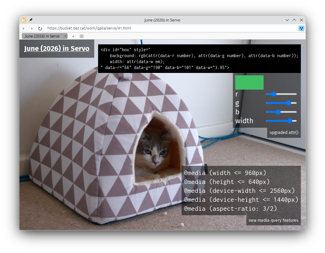 servoshell 0.4.0 showing several new features: the ‘width’, ‘height’, ‘device-width’, ‘device-height’, and ‘aspect-ratio’ media query features, plus the upgraded ‘attr()’ function, with a box whose ‘background-color’ and ‘width’ are controlled by data attributes that are in turn set by range inputs