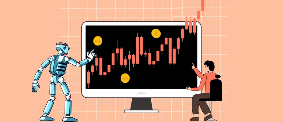 A robot and human discuss a stock ticker chart on a computer screen