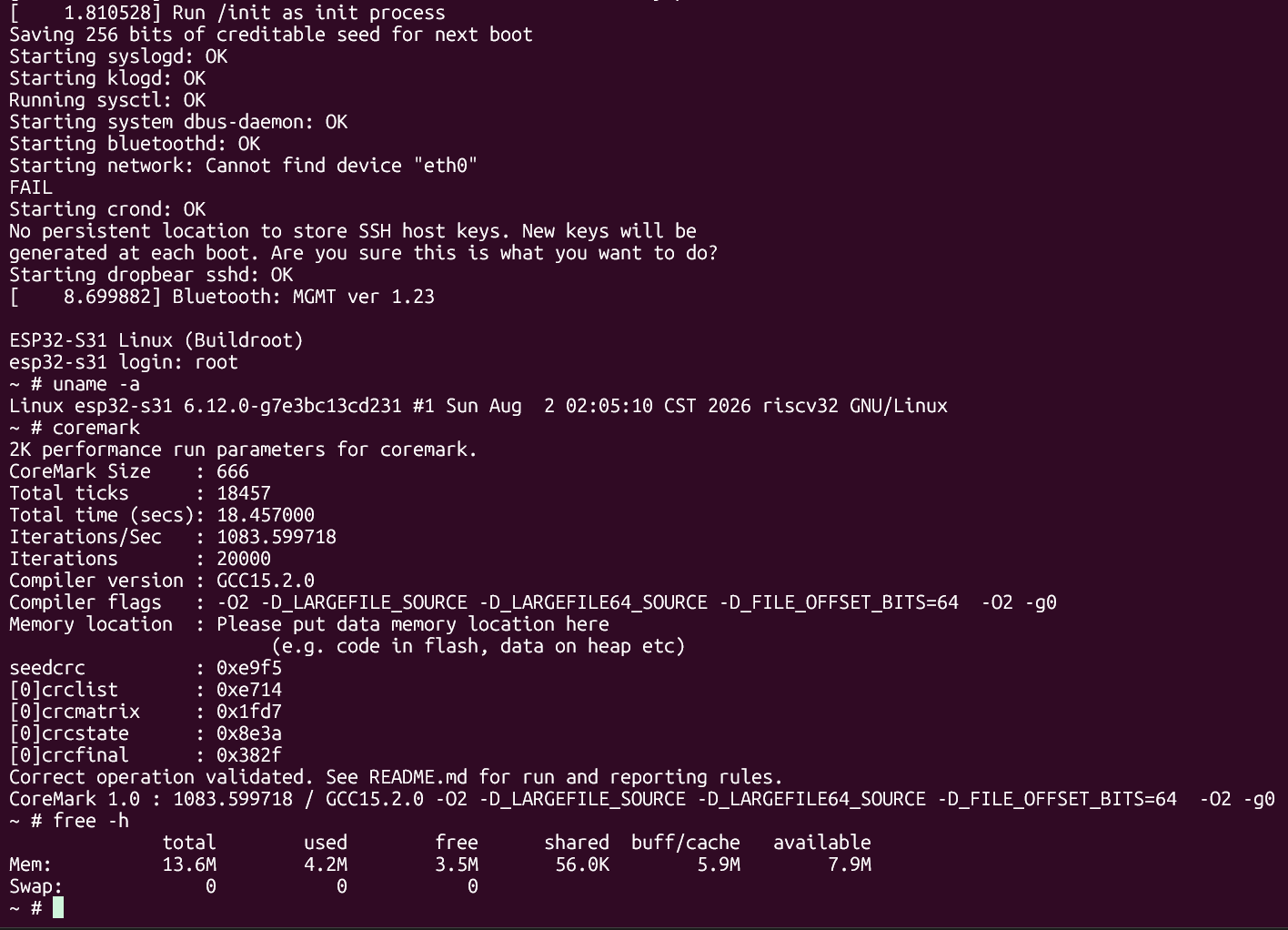 Linux 6.12 booted on an ESP32-S31 development board