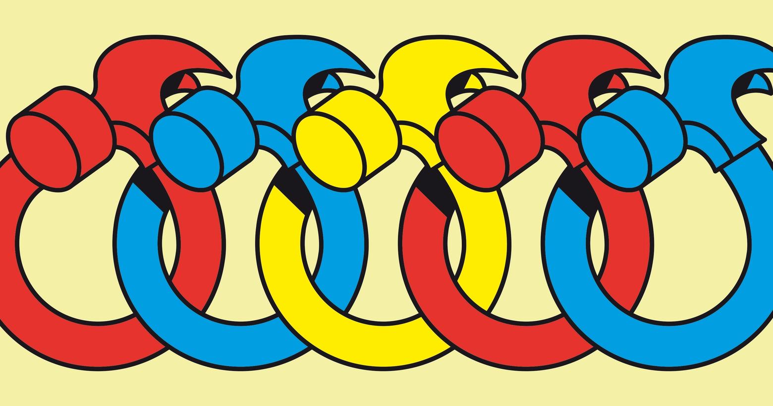 A repeating pattern of interlocking red, blue, and yellow hammer-like shapes.