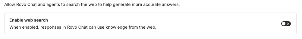 The organization-wide 'Enable web search' setting for Rovo is toggled off.