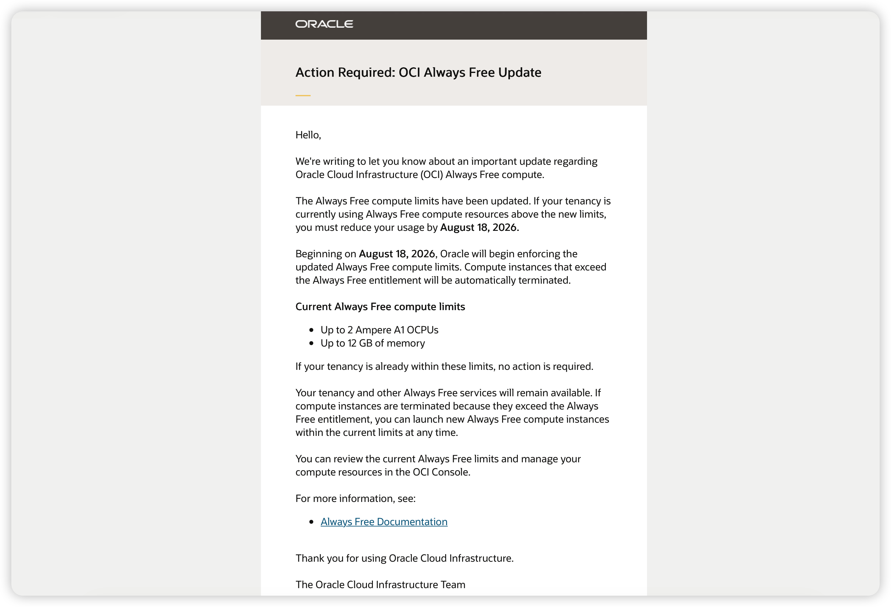 The email from Oracle