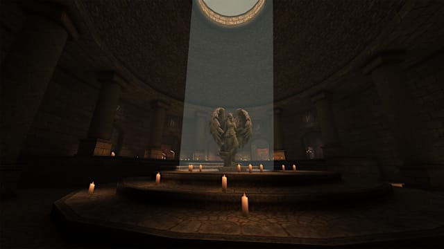 An angelic statue sits beneath a spotlight inside an antechamber.