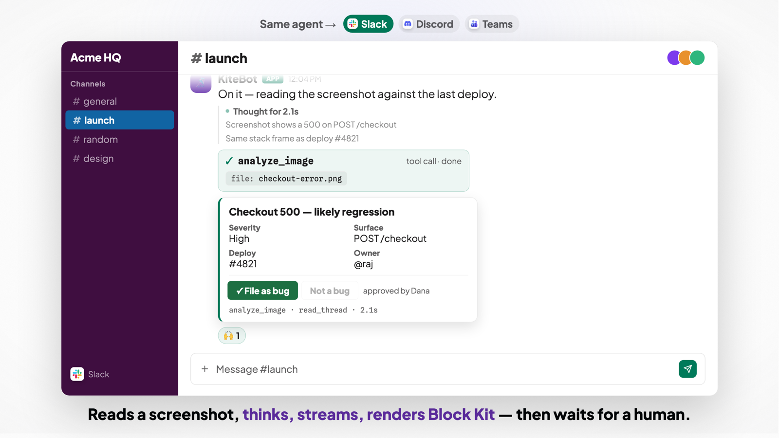 An agent triages a bug report and asks for approval in Slack