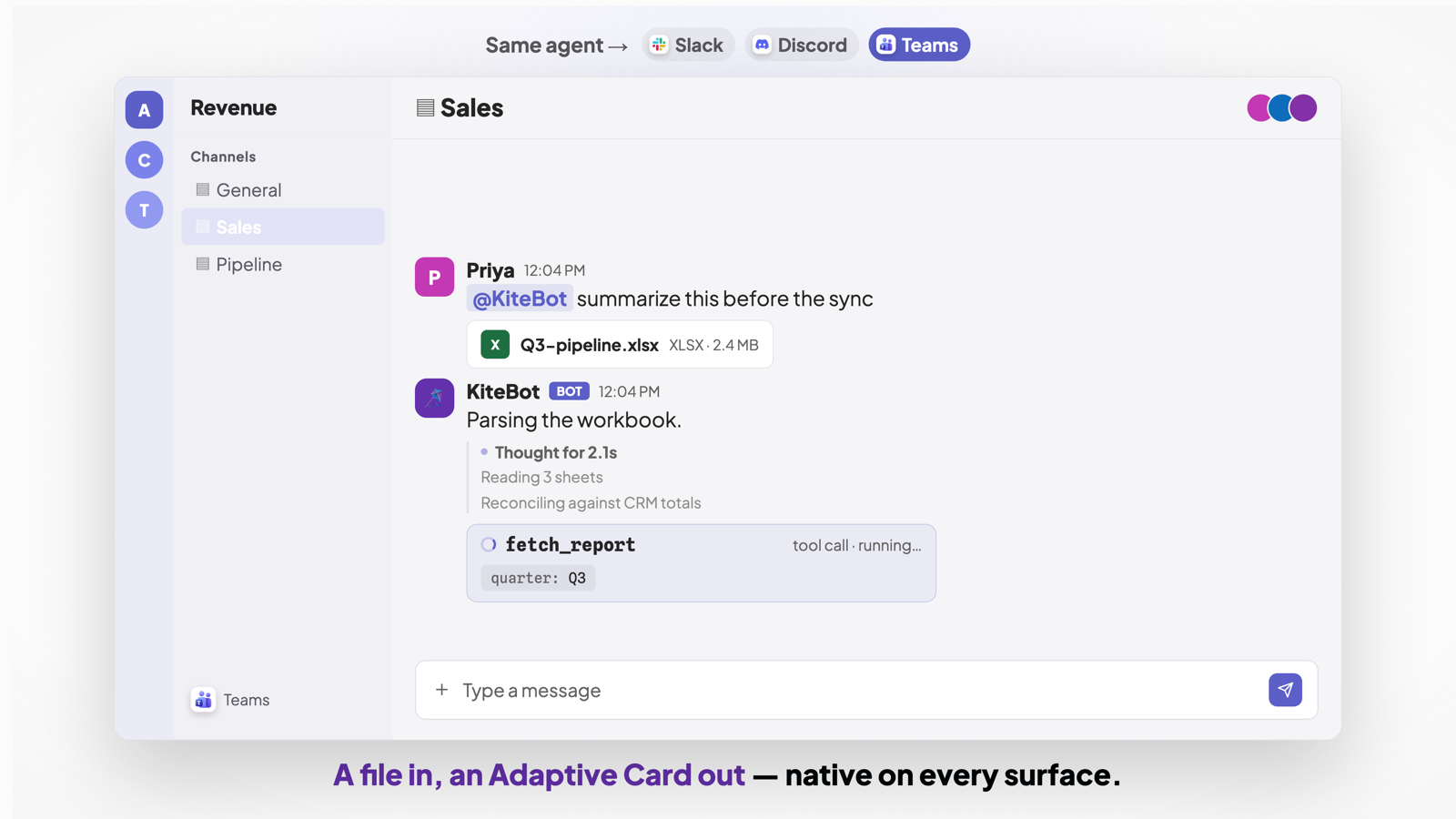 An agent analyzes a spreadsheet and returns metrics in Microsoft Teams