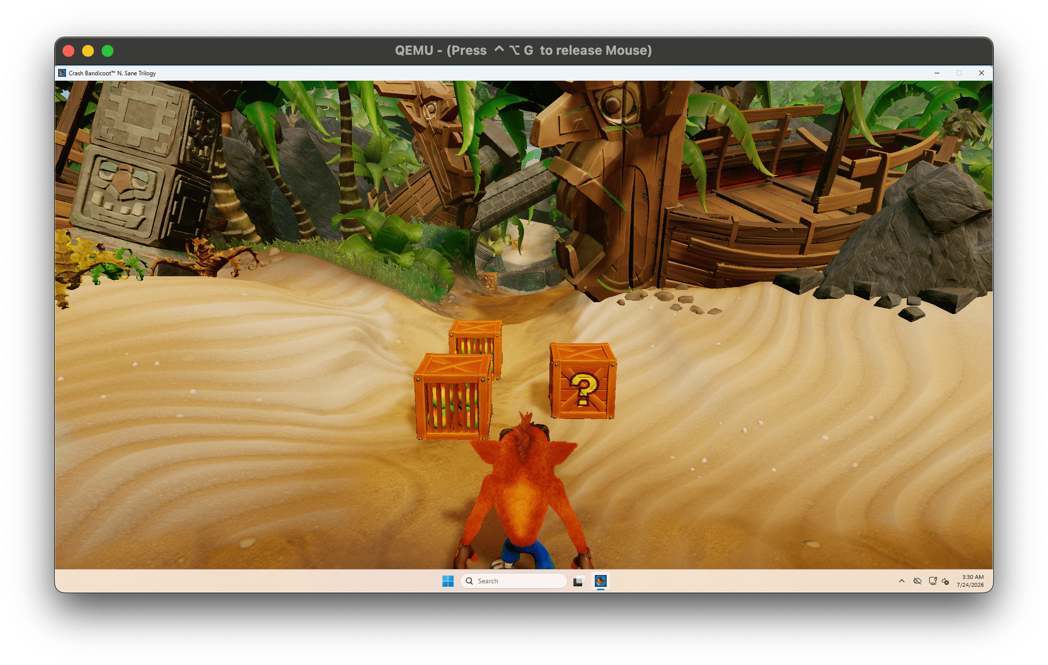 Screenshot of game running on QEMU on macOS host