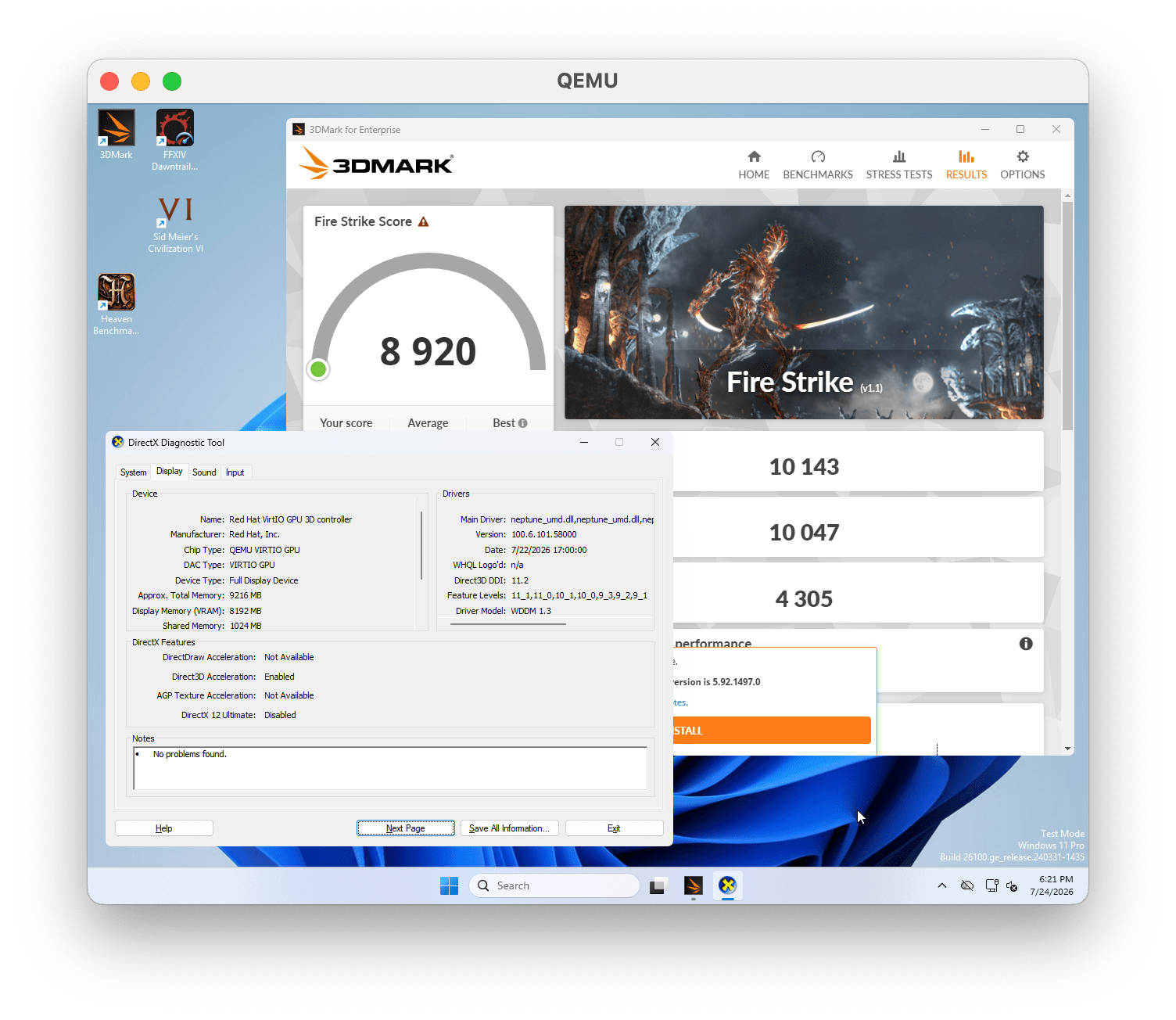 Screenshot of FireStrike result with DXMT backend