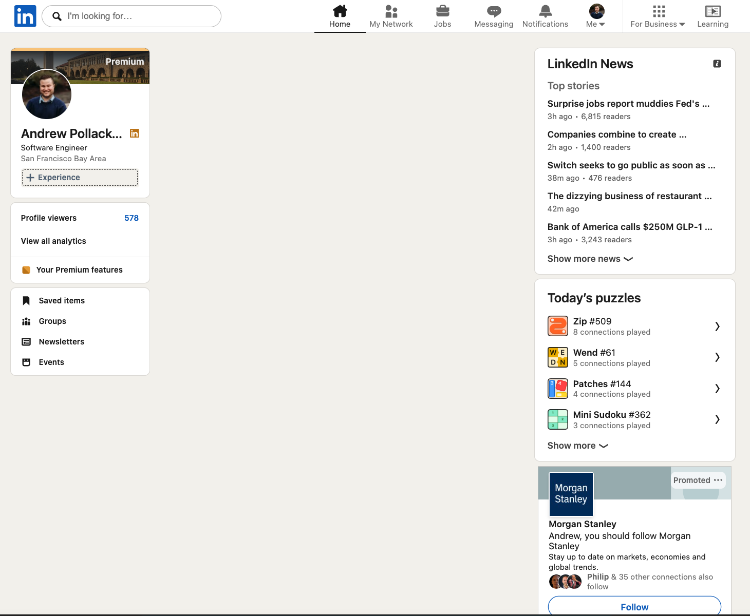 After: LinkedIn home page with no posting feed.