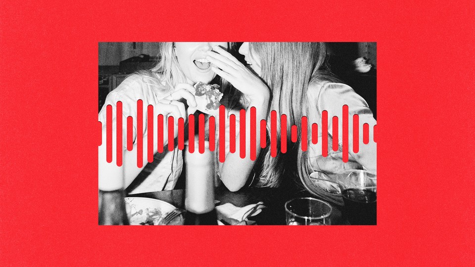 a photo of two friends talking at a bar, with a red waveform superimposed