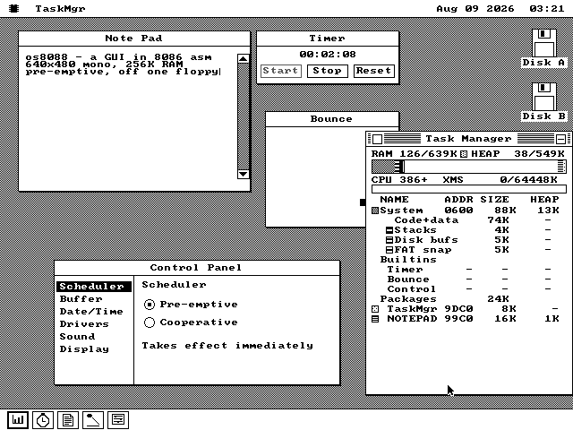 The os8088 desktop: a menu bar across the top, a Note Pad window with typed text, a Clock counting up, a Bounce window, the Control Panel showing a pre-emptive/cooperative choice, and the Task Manager with a CPU history graph -- five programs running at once, with a tile for each in the dock along the bottom.