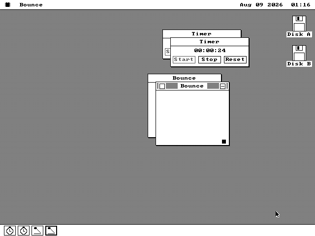 Two Clock windows counting up and two Bounce windows with squares moving around inside them, all animating at the same time.