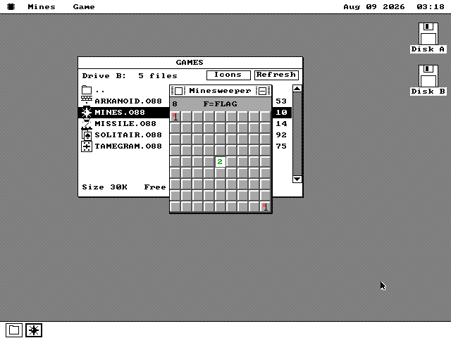 The Disk file manager showing the GAMES folder -- MINES.O88, SOLITAIR.O88 and ARKANOID.O88, each with its own icon -- with a Minesweeper window open on top showing a partly revealed 9 by 9 grid with colored numbers and red flags.