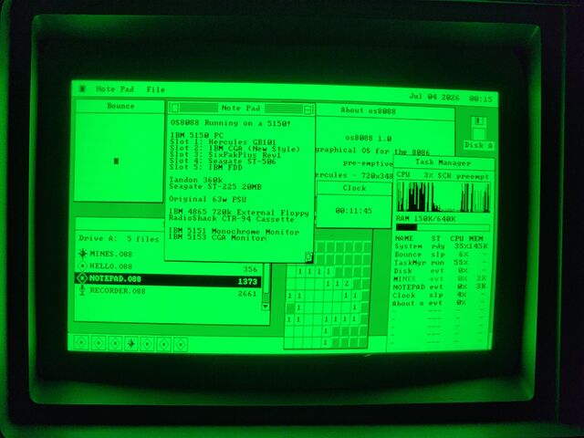 A green phosphor IBM 5151 monitor showing the os8088 desktop with a Note Pad, an About box, a Clock, a Task Manager, a Minesweeper board and a Disk window open at once.