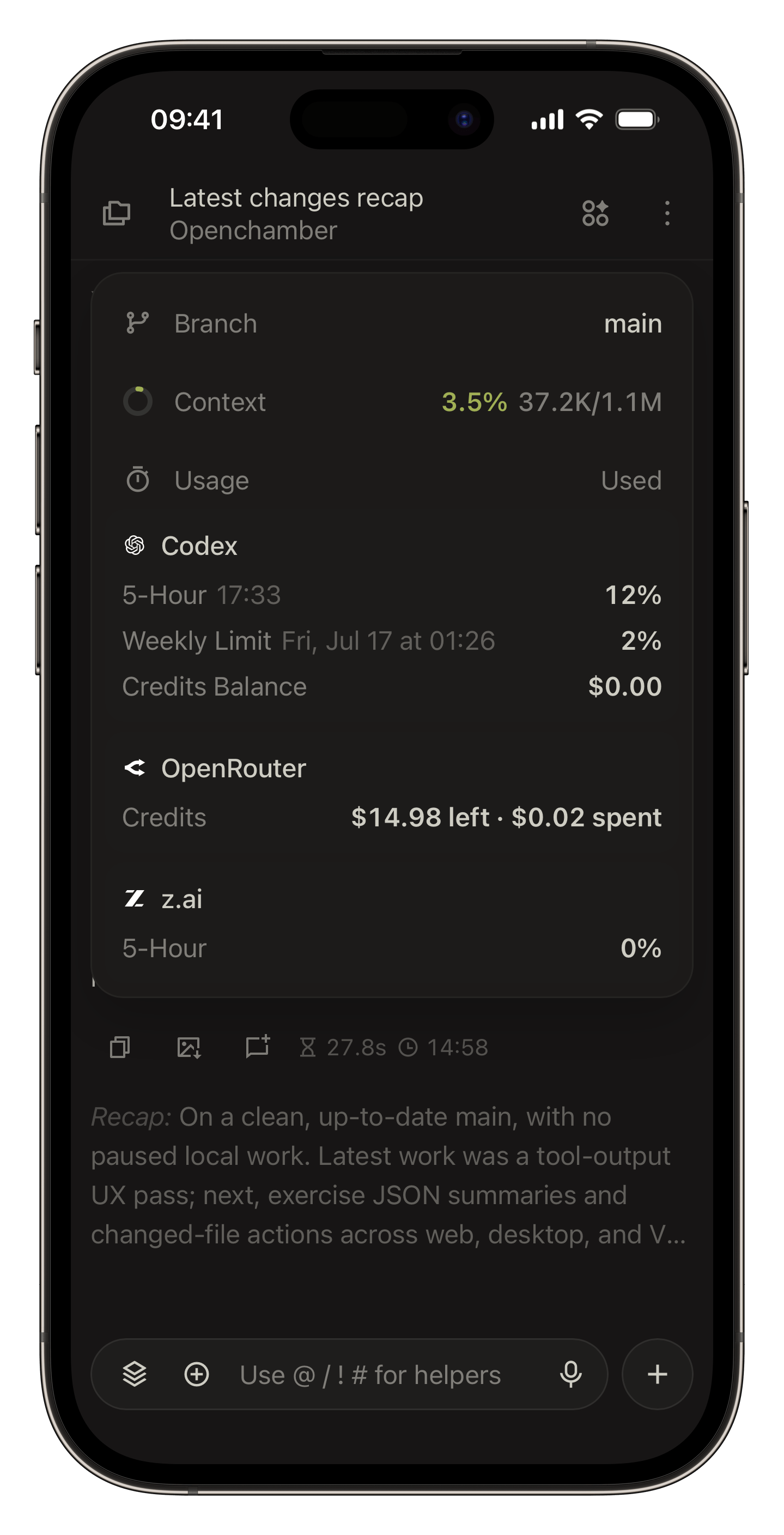 OpenChamber usage and limits on mobile