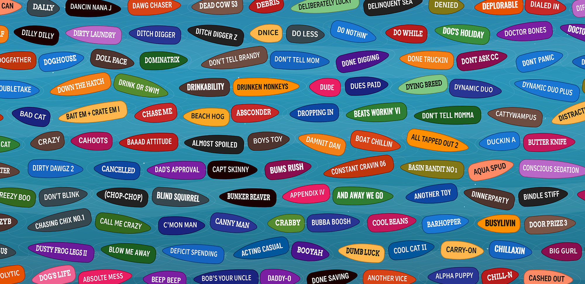 A colorful visualization of dozens of boat names in ship shapes against a blue background