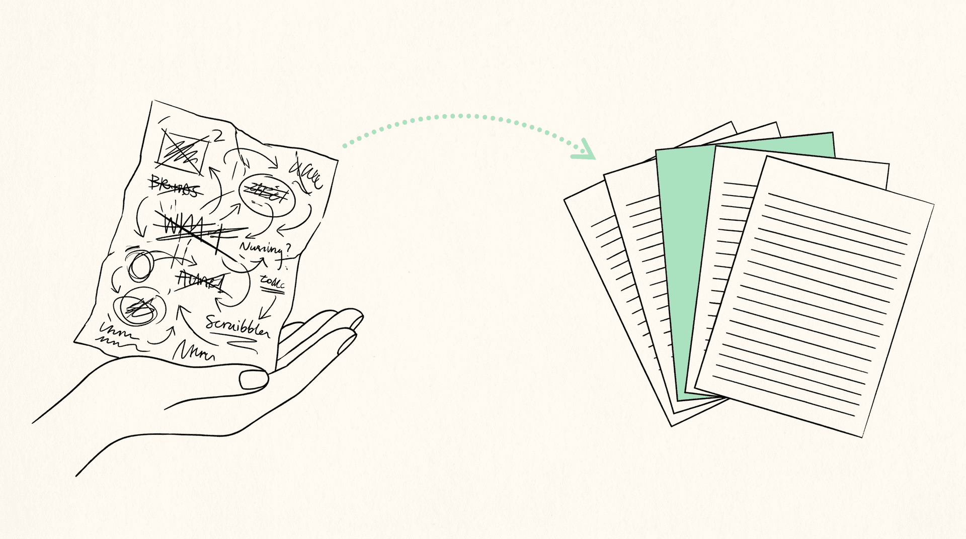 A crumpled scratch-paper build branch on one side and a clean fan of five pull requests on the other
