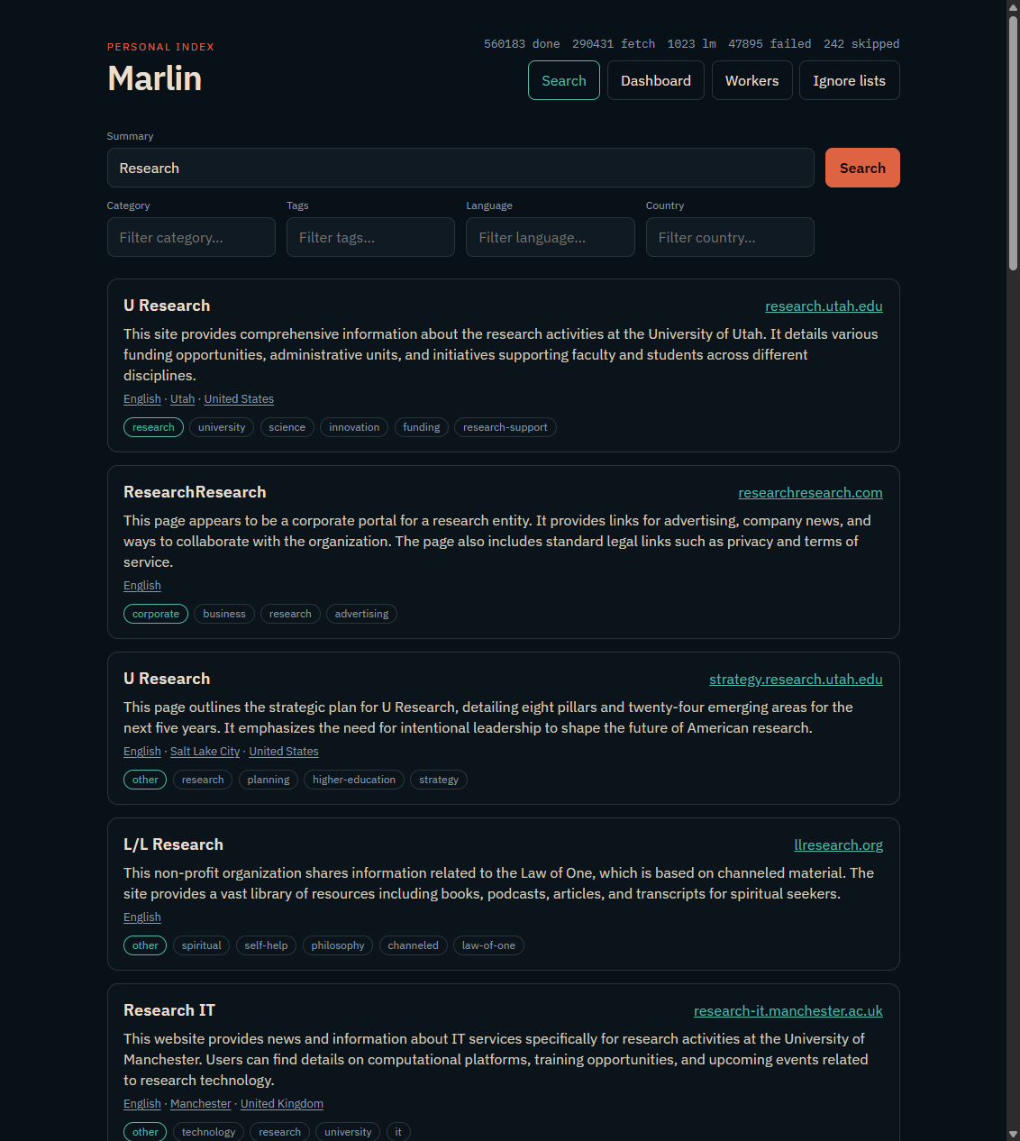 Search UI — query “Research”