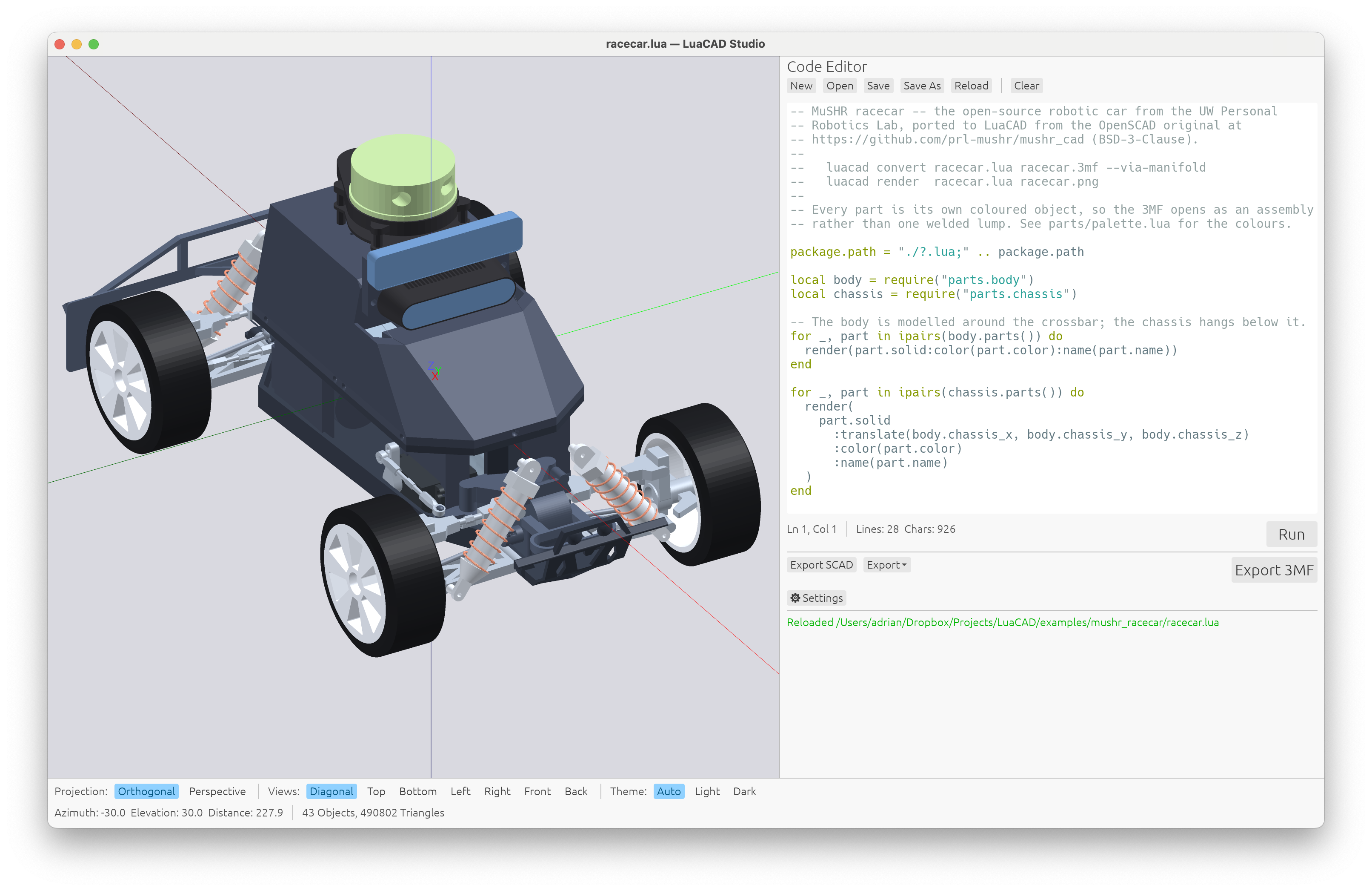 LuaCAD Studio previewing the MuSHR racecar model, a 43-part assembly of 490,802 triangles, beside the Lua script that builds it